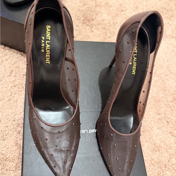 Saint Laurent Anja Dark Brown Studded Heels - Picture 2 of 6